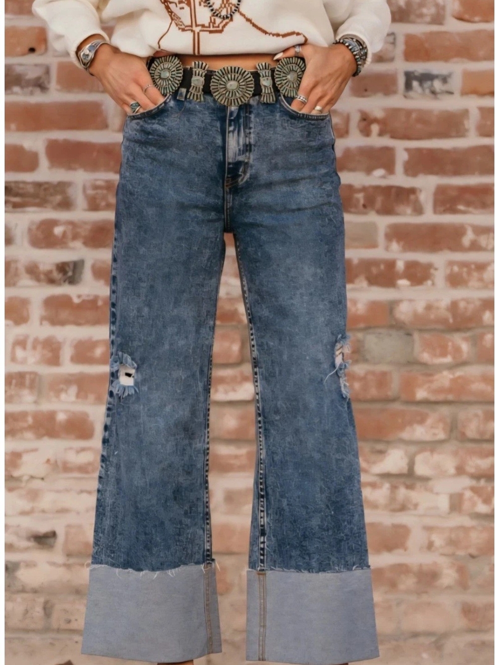 High-Rise Dark Blue Wide-Leg Jeans with Distressed Knees